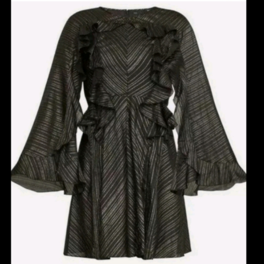 BCBG MAXAZRIA SIZE XSGold And Silver Stripes RuffleBellSleeveDress NWT MSRP$348